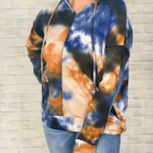 Tie Dye Waffle Knit Hoodie Top